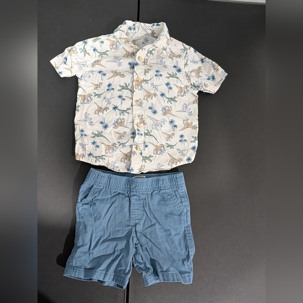 Wrangler Toddler Boy Dinosaur Print Button Down Shirt and Blue Shorts Set 3T - Picture 2 of 9